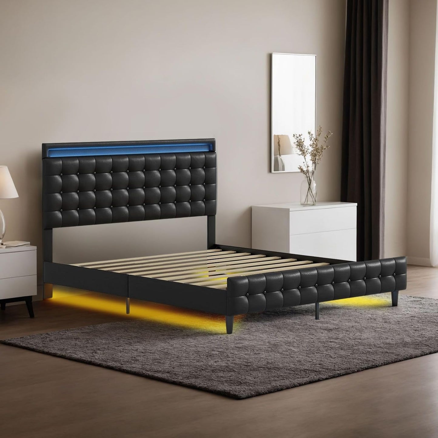 Luxsuite Queen Size Bed Frame Metal Mattress Base Wooden Platform Foundation with PU Leather Headboard BedHead Sleep Bedroom Furniture Black