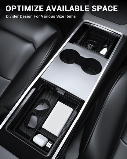 BASENOR 3PCS Tesla Model Y Center Console Organizer [Carbon Fiber Edition] Armrest Hidden Storage Box, Custom for Model Y 2021-2024 Tesla Model 3 2021-2023, Tesla Interior Accessories