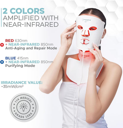 Nourished Bodynskin LED Face and Neck Mask with Near-Infrared - Blue, Red Light Therapy for Face - 228 LEDs - Skincare Tool for Wrinkles, Anti-Aging