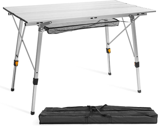 ITHWIU Portable Multi-Functional Camping Liftable Table 47‘’ X 27.5‘’with Aluminum Table Top, Hard-Topped Folding Table with Bag, Suitable for Camping, Picnic, Beach, Dining, Silver