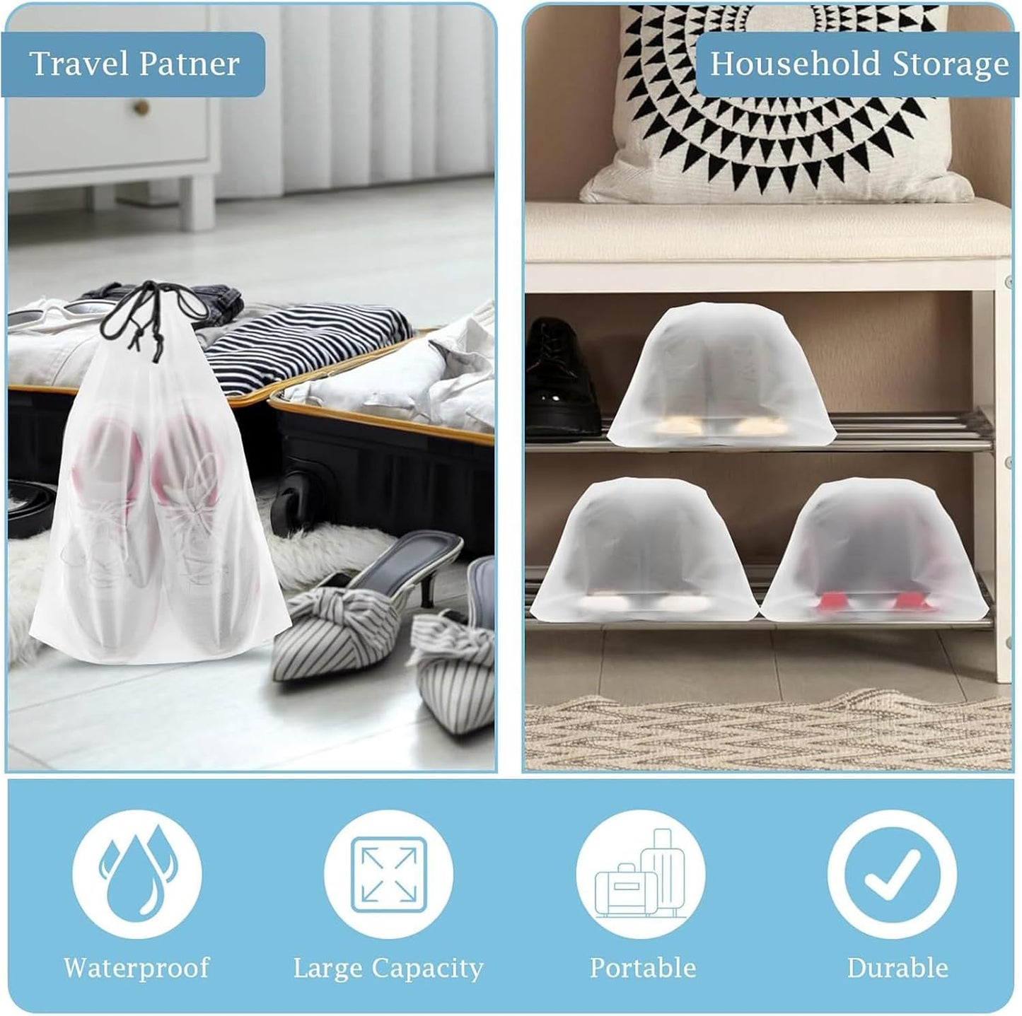 Set of 6 Shoe Bag, Transparent Drawstring Backpack Travel Organizer, Clear Large Portable Storage Pouch Set, Waterproof Dustproof Design, Ideal for Women, Teens, Suitcase, Trains