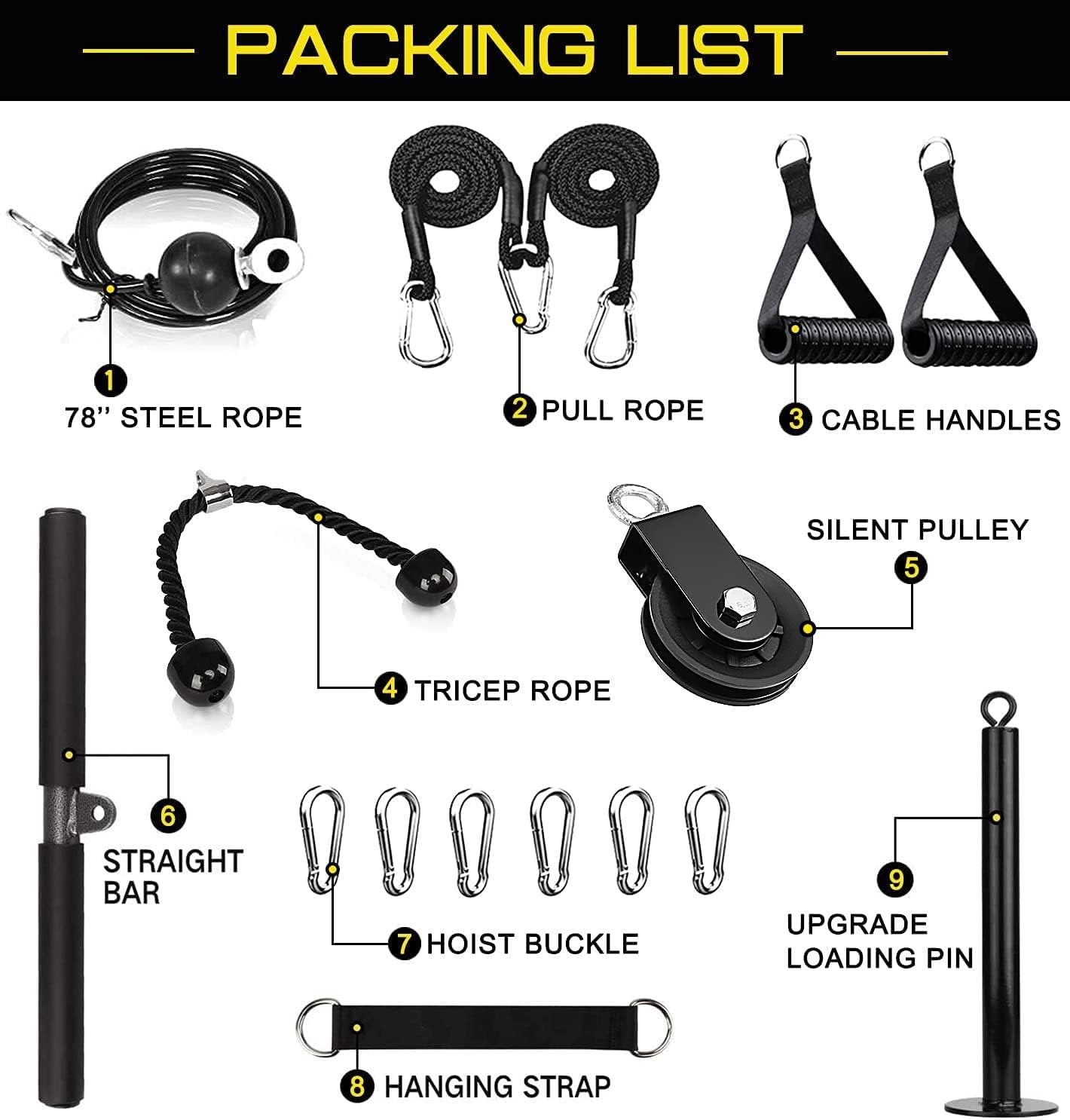 Pulley System for Exercise, 3 in 1 Pulley Cable System with LAT Pulldown Bar/ Tricep Rope/ 2M Gym Cable, Pro Weight Pulley System for Shoulder/Gym, Home Pulley Gym, Fitness Pulley Machine Attachments