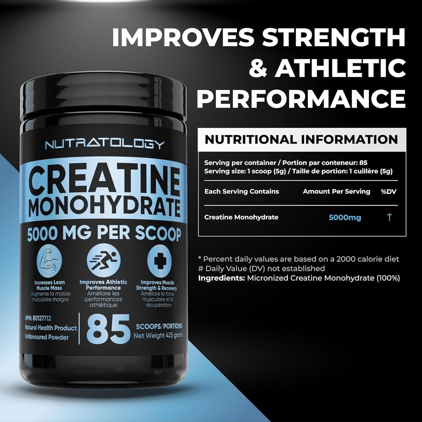 Creatine Monohydrate Powder 425g - For Increased Muscle Growth & Performance - Pre-workout Muscle Builder - Supports Athletic Performance - Creatine Powder for Workouts - 85 Servings