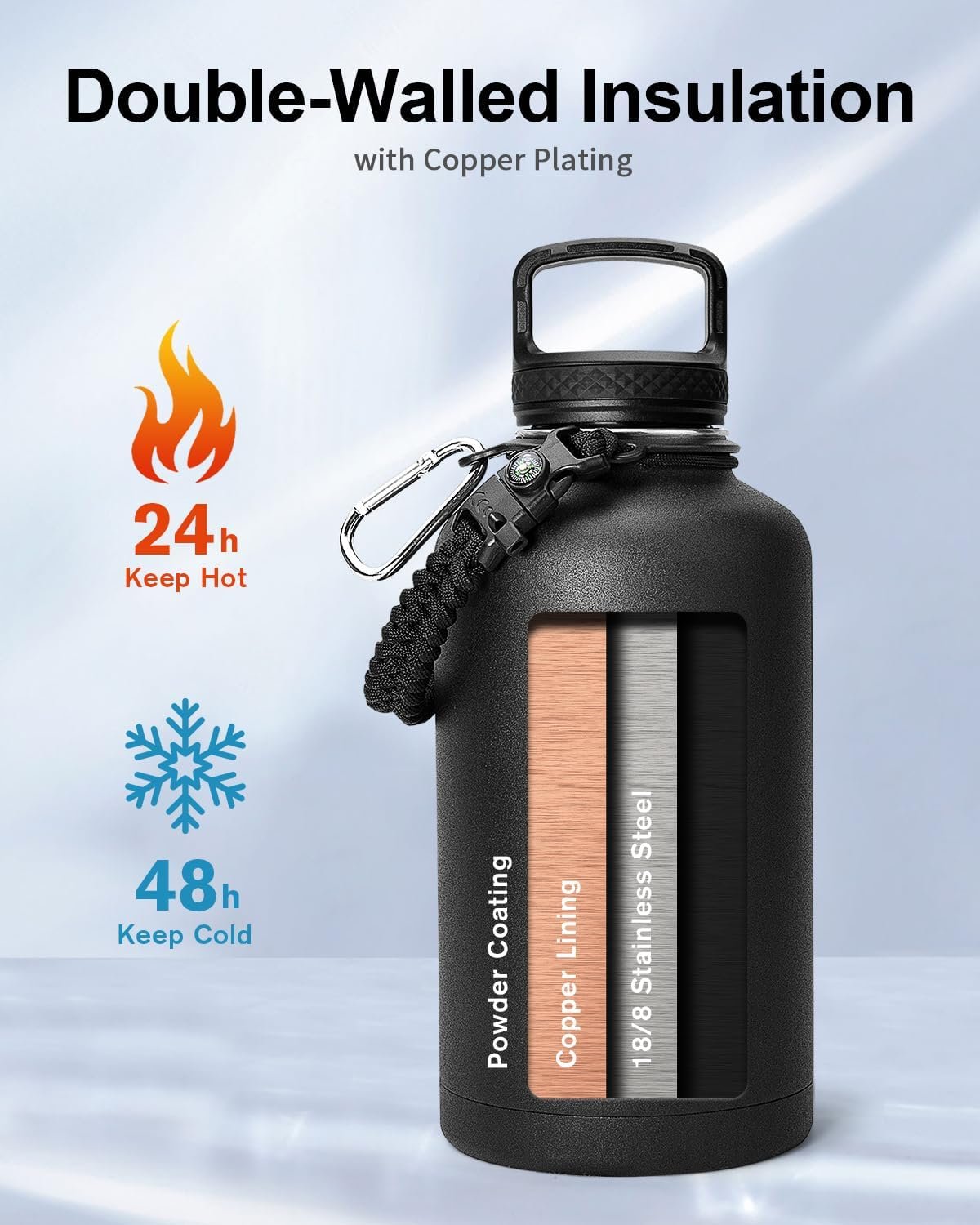 Half Gallon Water Bottle with Paracord Handle - Trebo 64oz Wide Mouth Insulated Double Wall Stainless Steel Large Sports Flask Keep Hot 24 Hours & Cold 48 Hours Water Jug with 3 Lids, Black