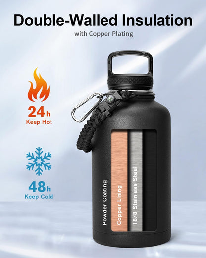Half Gallon Water Bottle with Paracord Handle - Trebo 64oz Wide Mouth Insulated Double Wall Stainless Steel Large Sports Flask Keep Hot 24 Hours & Cold 48 Hours Water Jug with 3 Lids, Black