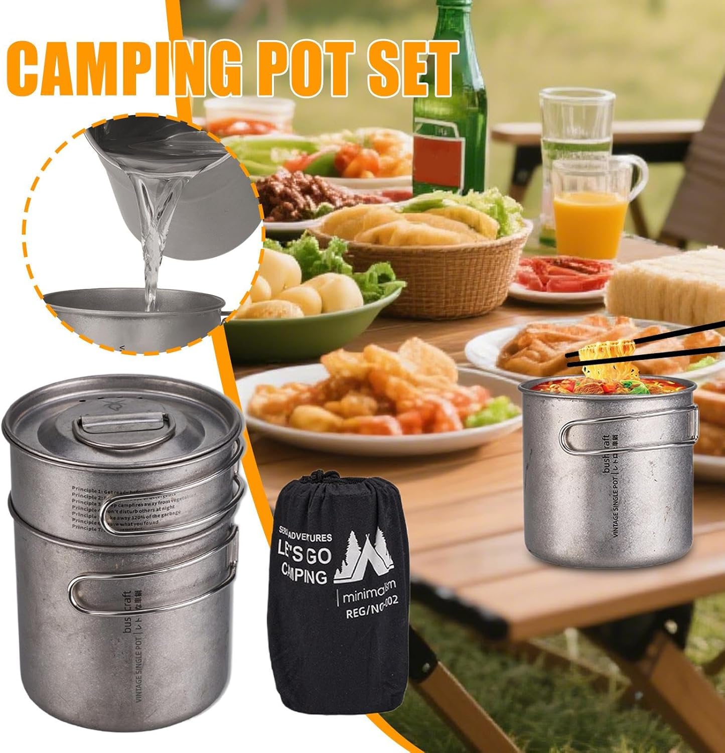 Jvjggag Camp Cooking Set, Cookware Stainless Steel, Lightweight Gear Portable with Handle Two Folding Pots for Backpacking RV Camping Outdoor Picnic Bushcraft Travel