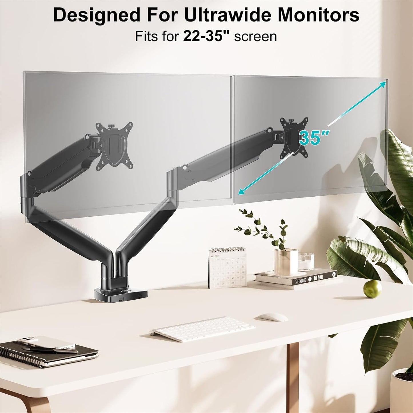 Mount PRO Dual Monitor Desk Mount fits 22” to 35” Ultrawide Computer Screen, Holds up to 26.4lbs Each, Fully Adjustable Long Monitor Arm for Two Monitors, Gas Spring Monitor Stand, 100x100 VESA Mount