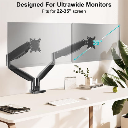 Mount PRO Dual Monitor Desk Mount fits 22” to 35” Ultrawide Computer Screen, Holds up to 26.4lbs Each, Fully Adjustable Long Monitor Arm for Two Monitors, Gas Spring Monitor Stand, 100x100 VESA Mount