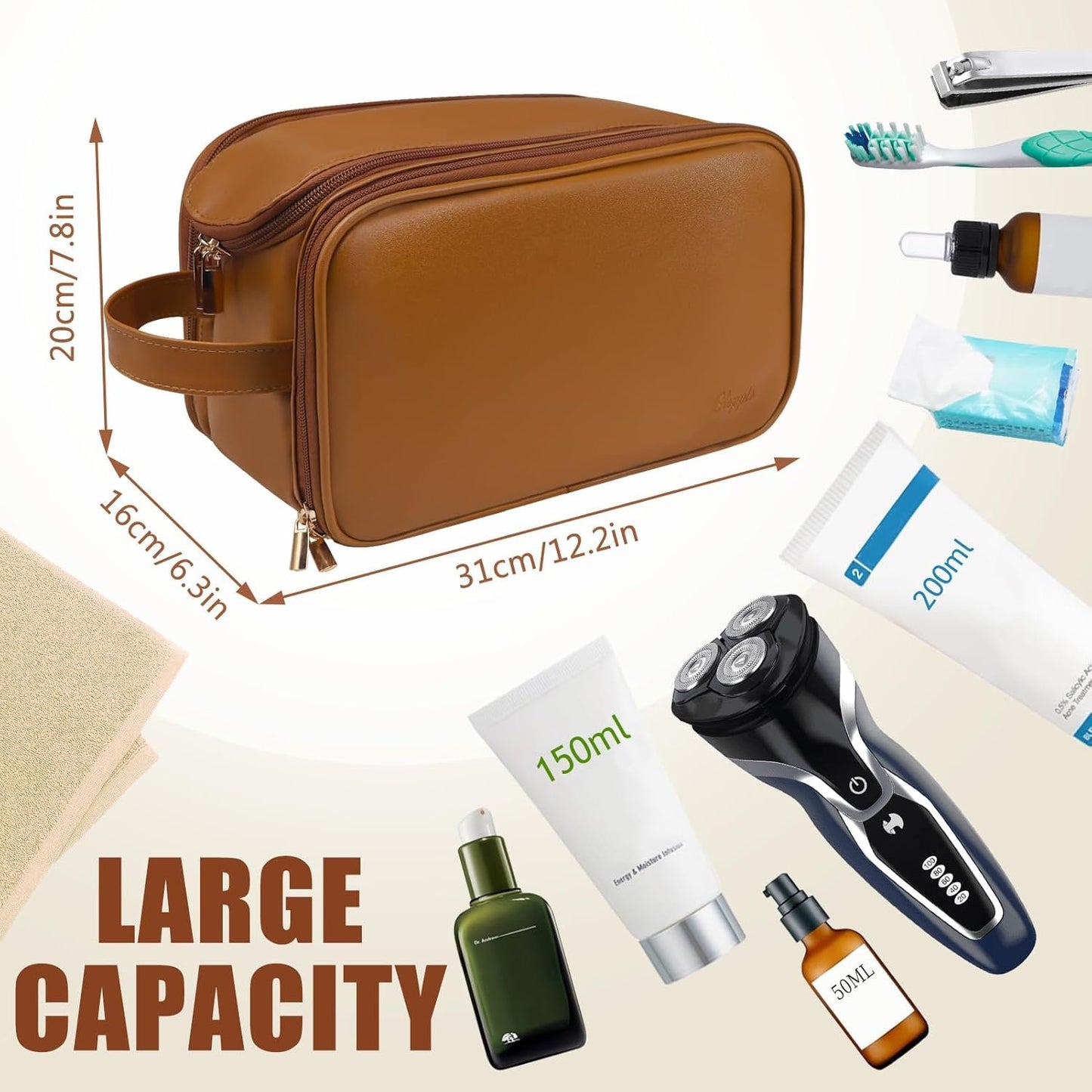 Gloppie Travel Size Toiletries Bag Large Capacity Toiletry Bag Toiletry Kit Hanging Travel Toiletry Organizer, Brown, Business, Travel, Leisure