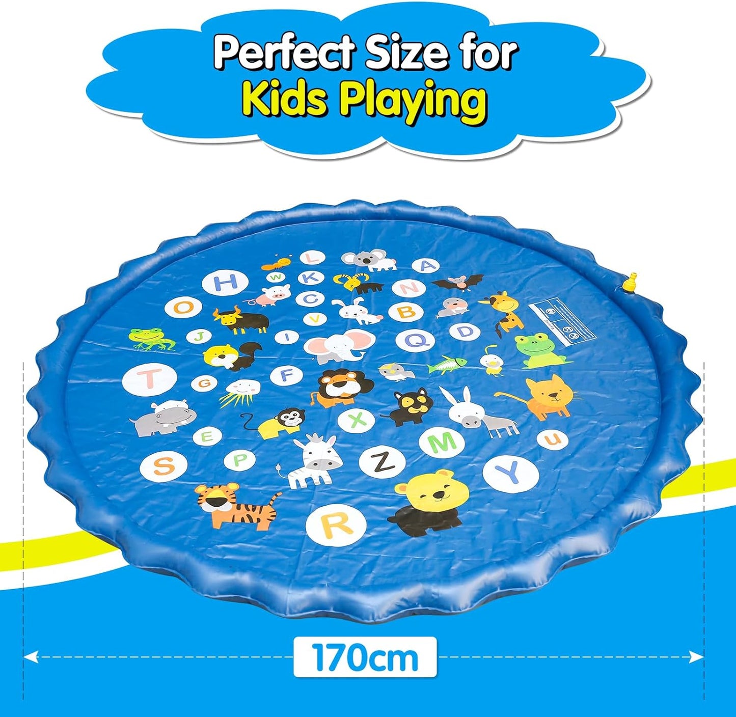 Sicilaien Splash Sprinker Pad for Family, Large 170CM Spray Pad Water Sprinkler Mat, Kids Outdoor Water Play Toys Water Play Mats Anti-Slip Thickened PVC for Adults Kids Pets (Alphabet Blue)