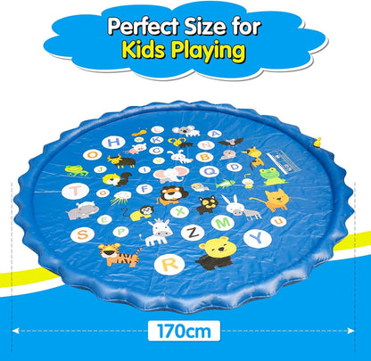 Sicilaien Splash Sprinker Pad for Family, Large 170CM Spray Pad Water Sprinkler Mat, Kids Outdoor Water Play Toys Water Play Mats Anti-Slip Thickened PVC for Adults Kids Pets (Alphabet Blue)