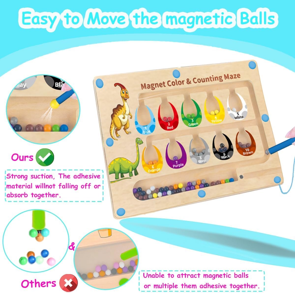 Montessori Magnetic Color and Number Maze, Wooden Puzzle Activity Board, Wooden Magnetic Tracing Board for Kids,Learning and Educational Birthday Gifts for Kids Girl and Boy 3-5 Years Old