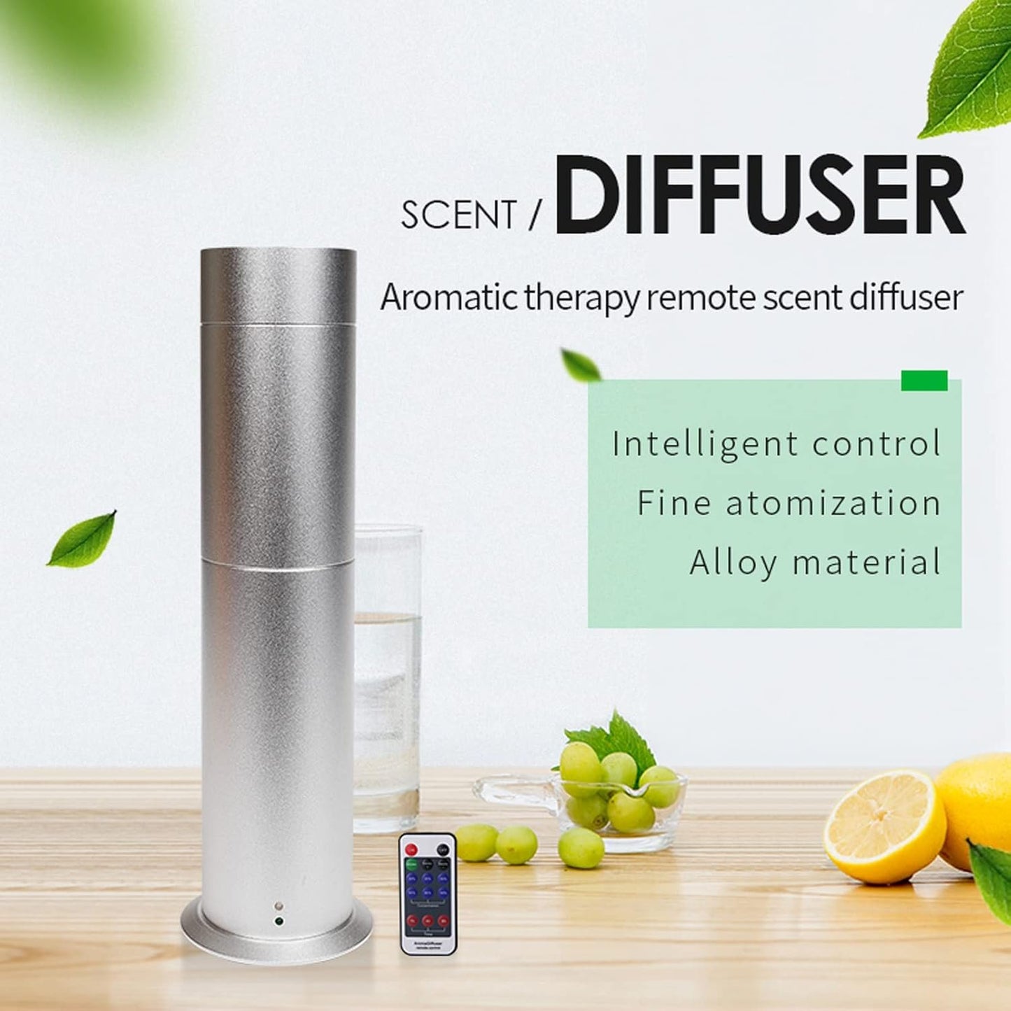 Essential Oil Diffuser, 120ml Smart Remote Control Scent Air Machine Adjustable Time and Fragrance Cylindrical Aromatherapy Diffuser with 200m3 Cover Range for Home Hotel (Silver)