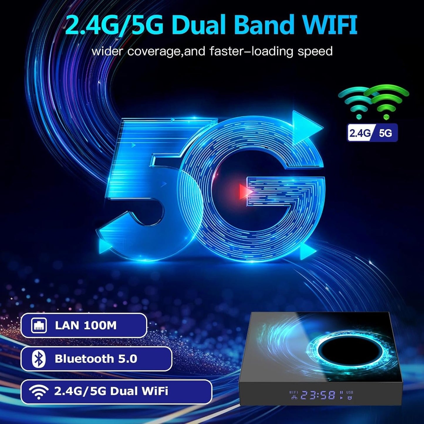 Android TV Box 4GB RAM 64GB ROM Quad-Core 4K 6K HD TV Box Android 10.0 Dual-Band WiFi 2.4G/5G Ethernet Bluetooth5.0 H.265 3D 6K Video Smart Box for TV 2024