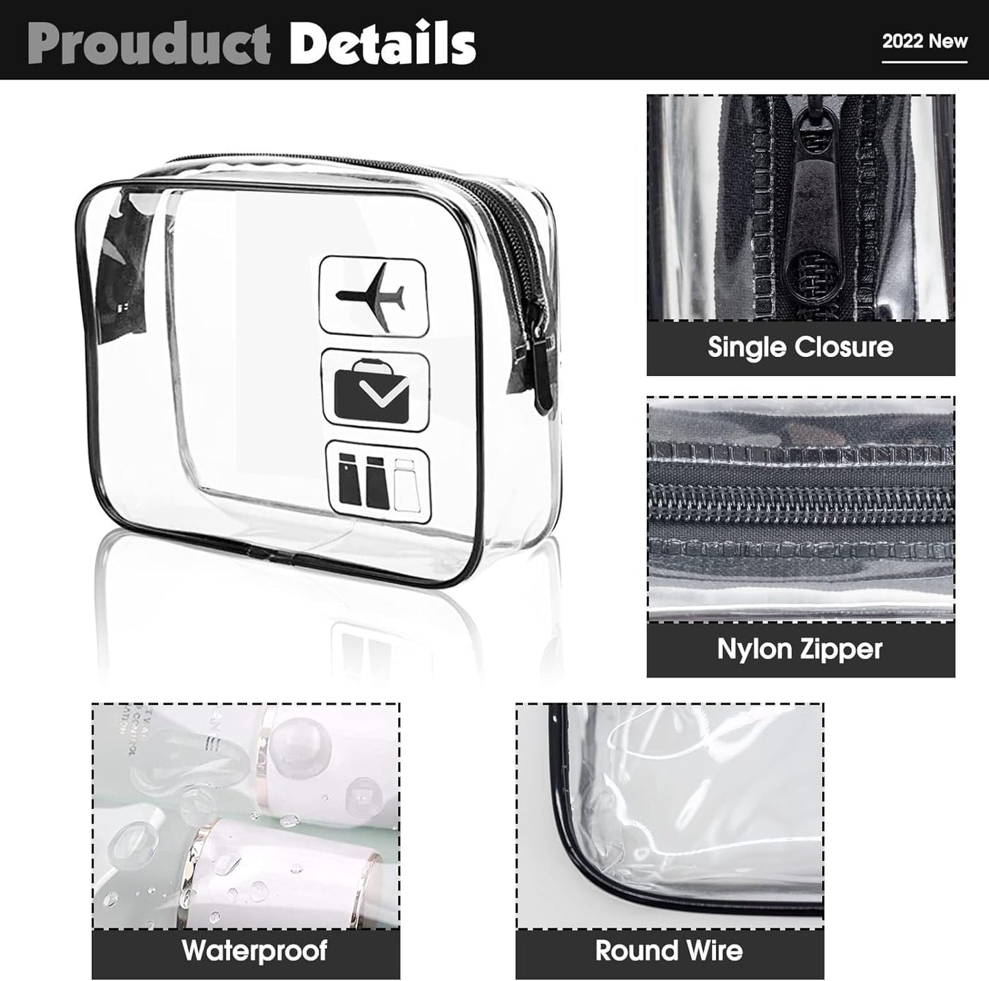Airport Security Liquids Bag 20X20cm Clear Toiletry Bag Hand Luggage Regulations Waterproof Liquids Wash Bags Travel Accessory Holiday Essential (Black Bigger Zipper Model 2pcs)