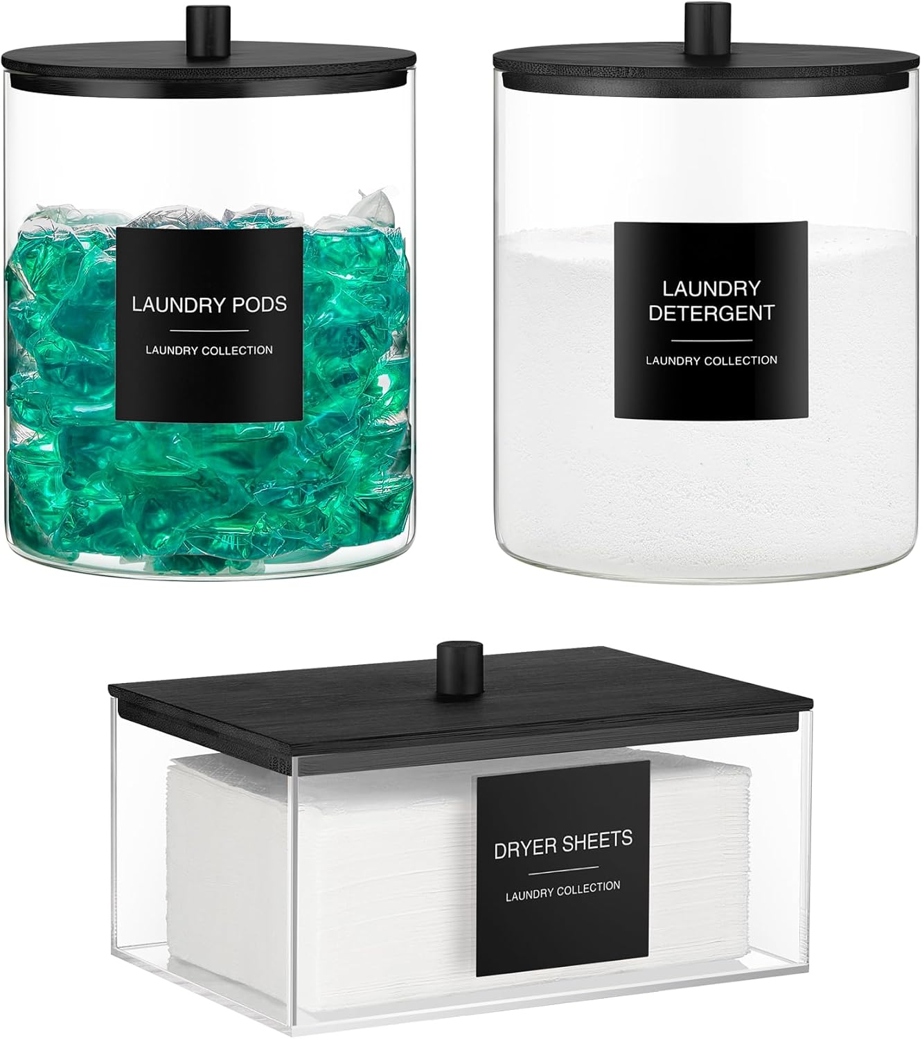 Glass Jars and Acrylic Dryer Sheet Holder, Laundry Pods Container with Bamboo Lid and 27 Labels, Powder Detergent Containers for Laundry Room Organization, Storage Jars Set (3 Pack, Black)