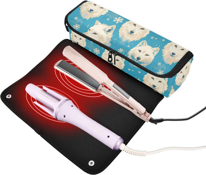 White Wolfs - Borsa da viaggio per attrezzi da capelli blu con cuscinetto resistente al calore, organizer portatile per strumenti per lo styling dei capelli per ferro piatto e accessori per la cura