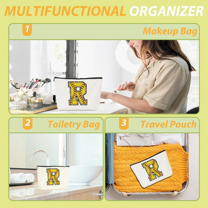 Initial Makeup Bag Monogrammed Cosmetic Bag Yellow Letter R Zipper Pouch Softball Accessories for Girls Women Player Coach Friend Graduation Birthday Gifts