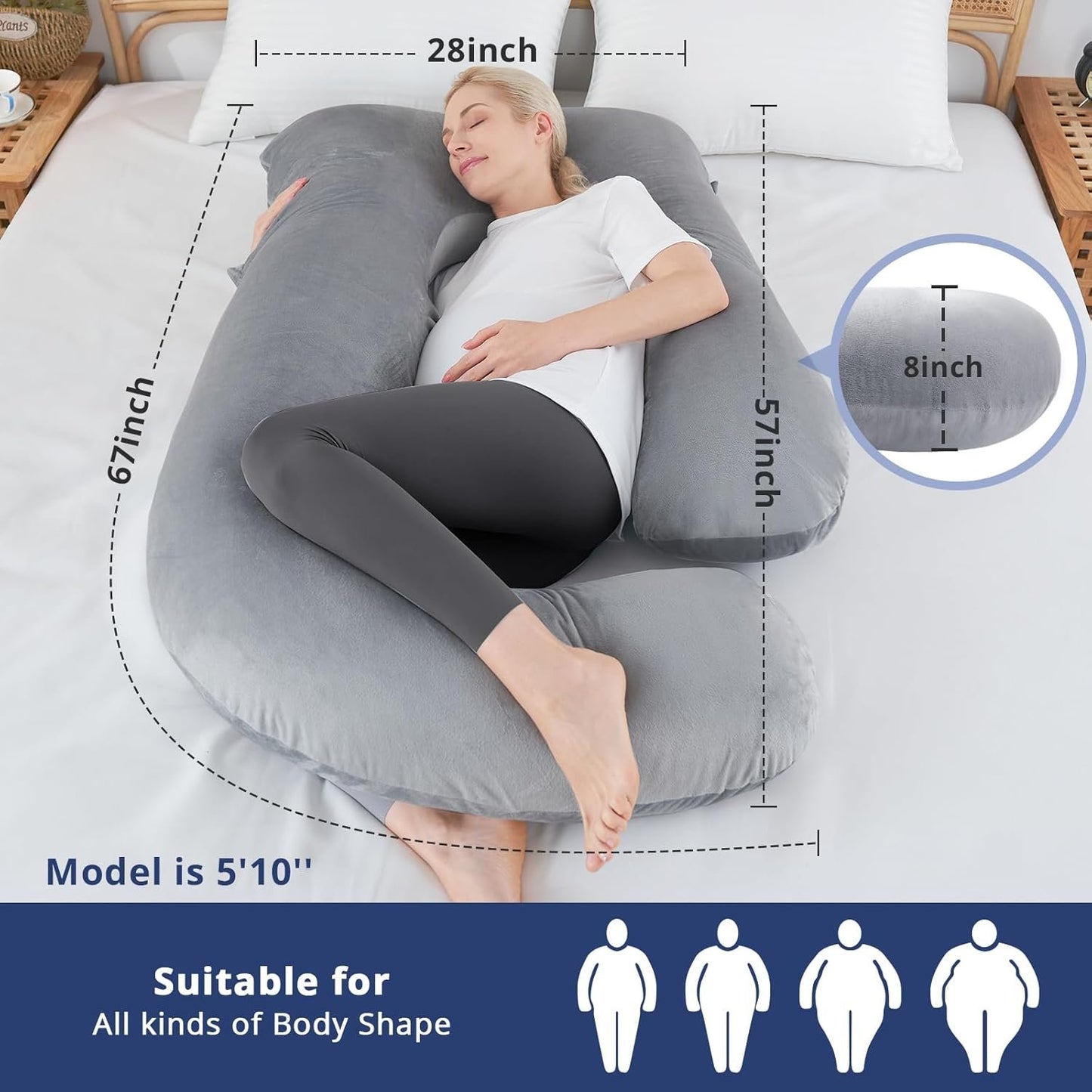 SASTTIE Pregnancy Pillow for Sleeping, U Shaped Body Pillow Side Sleeper Pregnancy Must Haves, Maternity Pillow for Pregnant Women, 57'' Full Pregnant Pillow with Removable Velvet Cover, Grey