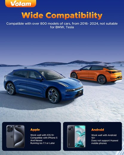 Volam Carplay Wireless Adapter, 2 in 1 A-pple Carplay Android Car Wireless Dongle with Plug and Play, High Speed 5.8 GHz, Low Latency, Compatible with Cars from 2016 Onwards, IOS 10+, Android 11+