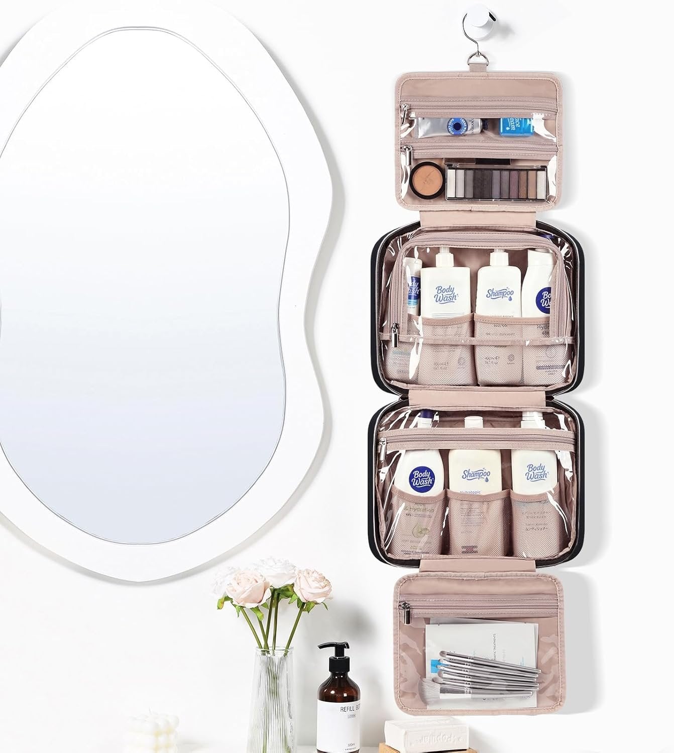 NISHEL Travel Toiletry Bag for Women, Portable Hanging Organizer for Full-Sized Shampoo, Conditioner, Brushes Set, Travel-Size Accessories