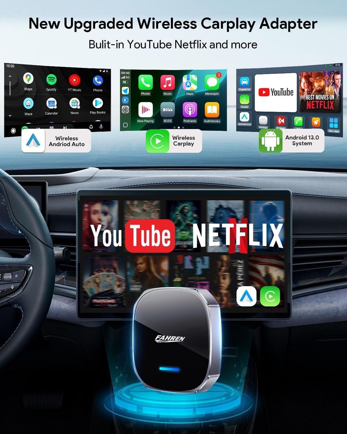 FAHREN 3rd-Gen Wireless CarPlay Adapter & Android Auto Adapter, Support Netflix/YouTube/TF Card, Car Play Wireless Adaptor for Apple&Android, Plug and Play, Fit with iPhone 8+/iOS10+/Android 11+