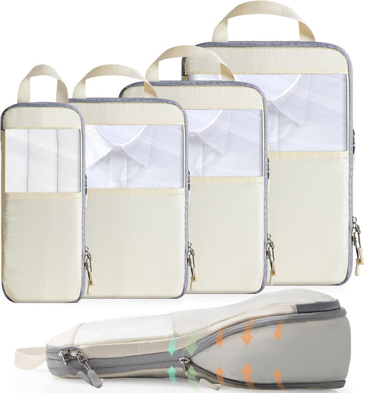 Cozary Suitcase Organizer - Packing Cubes Set with Compression and Waterproof Polyester Fabric, Travel Underwear Set for Backpacks or Hand Luggage, Perfect for Travel and Camping - Beige