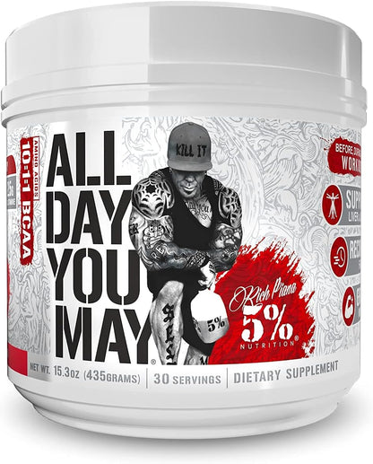 Rich Piana 5% Nutrition All Day You May - Watermelon Flavour -10:1:1 BCAA Post Workout Muscle & Joint Recovery Drink Supplement Powder, Essential Amino Acids, Sugar-Free, 435g, 30 Servings