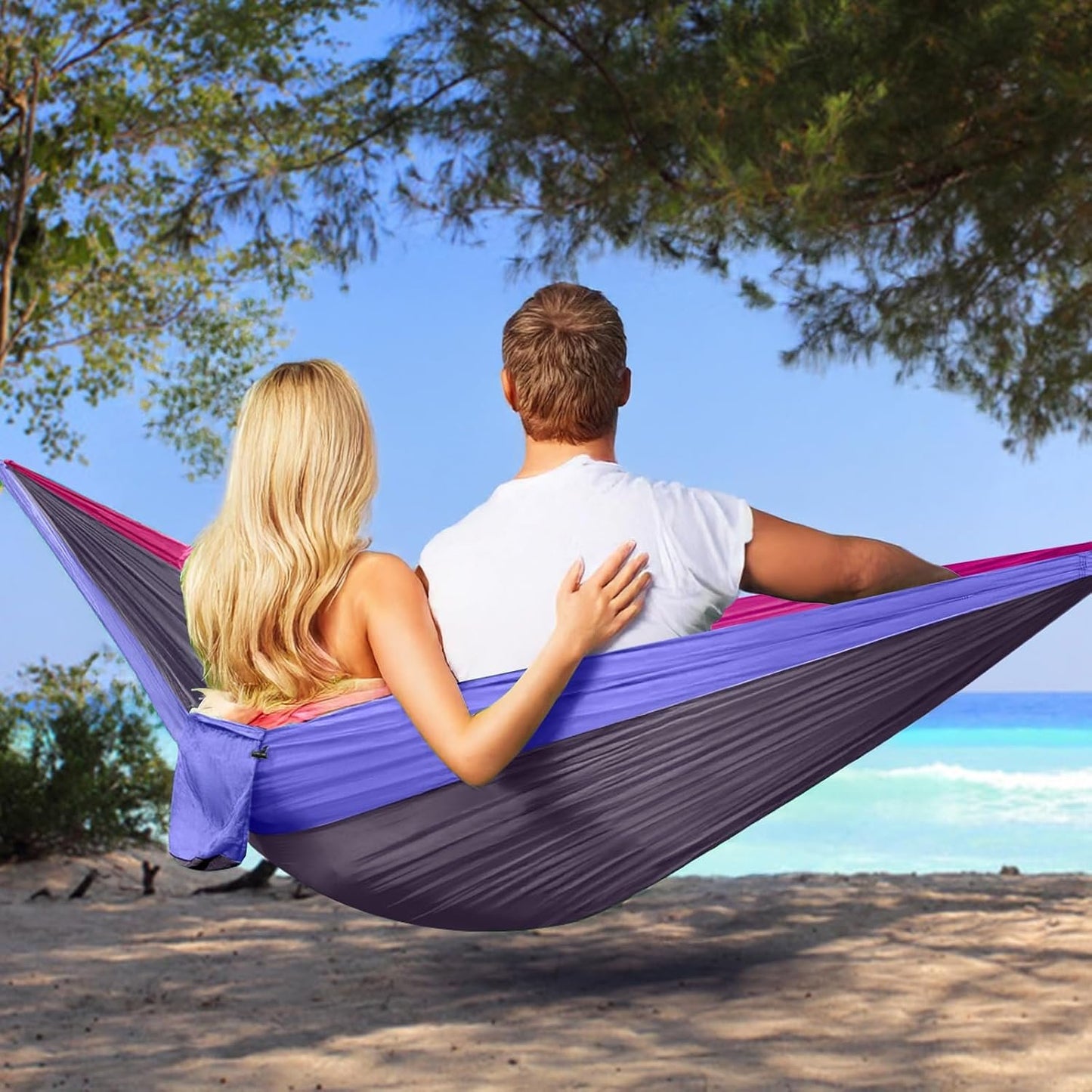 Double Camping Hammock, Two Person Hammocks with 2 Tree Straps(16+2 Loops), Portable Lightweight Hammock with 210T Nylon Parachute for Backpacking, Outdoor, Beach, Travel, Hiking, Gear - Red Gray