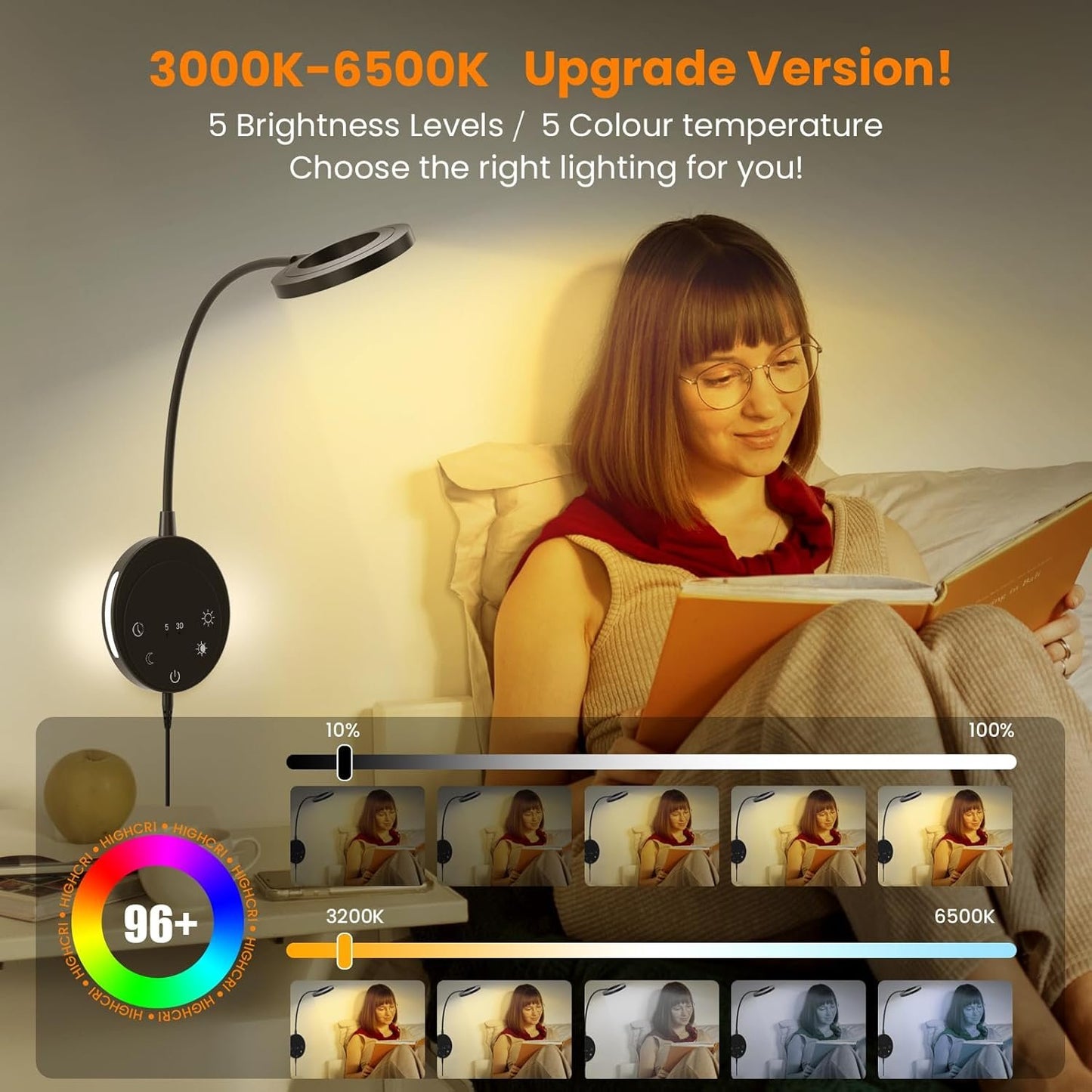 Wall Mounted Reading Light,NoeiiT Book Lights with 5 Dimming,Bedside Headboard Lights Flexible Gooseneck,USB Output,Night Light & Timers Function（5/30 min, 3000K-6500K Upgrade LED Bed Lamp Black