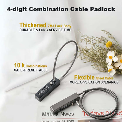 Tcyoatoa Cable Locks Combination, 23-3/5'' Length Steel Cable Rope 4-Digit Combination Lock Resettable Code for Bikes, Lockers, File Cabinets, Wardrobes, Small Fences, Refrigerator Door(Gun-Grey)