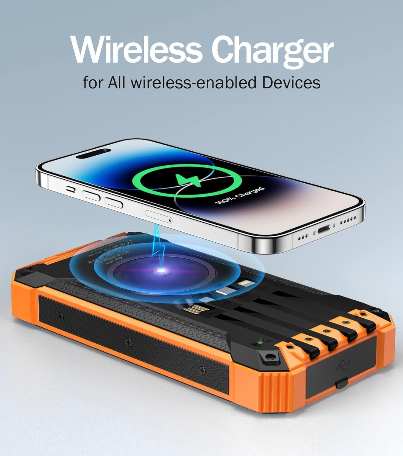 Power Ban,Solar Power Bank,Wireless Charger 20000mAh Built in 4 Cables,4outputs 15W Fast Charging Power Bank for All Mobile Devices 3 Inputs Solar Portable Charger with Dual Flashlights