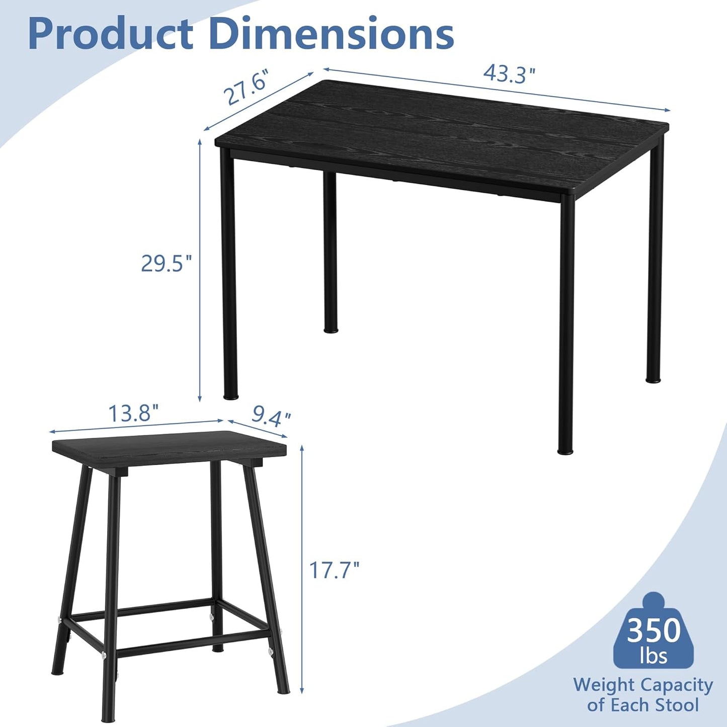 VECELO Kitchen Table and Chairs for 4, Dining Room Set with Chairs/Stools, Heavy-Duty Metal Frame with Wooden Tabletop for Small Spaces, Easy Assembly, Classic Black