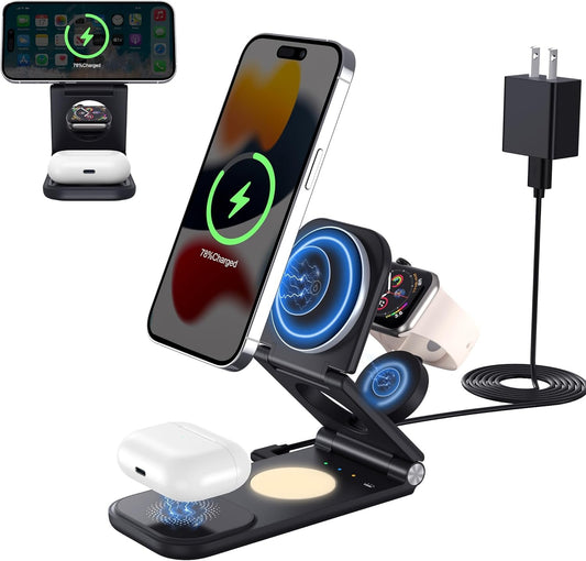 3 in 1 Wireless Charger, Foldable Magnetic Wireless Charging Station for iPhone 15/14/13/12/11 Pro/Pro Max Series & Galaxy S8/S9/S10/S20, Fast Travel Charger for Apple Watch & AirPods Pro/3/2, Black