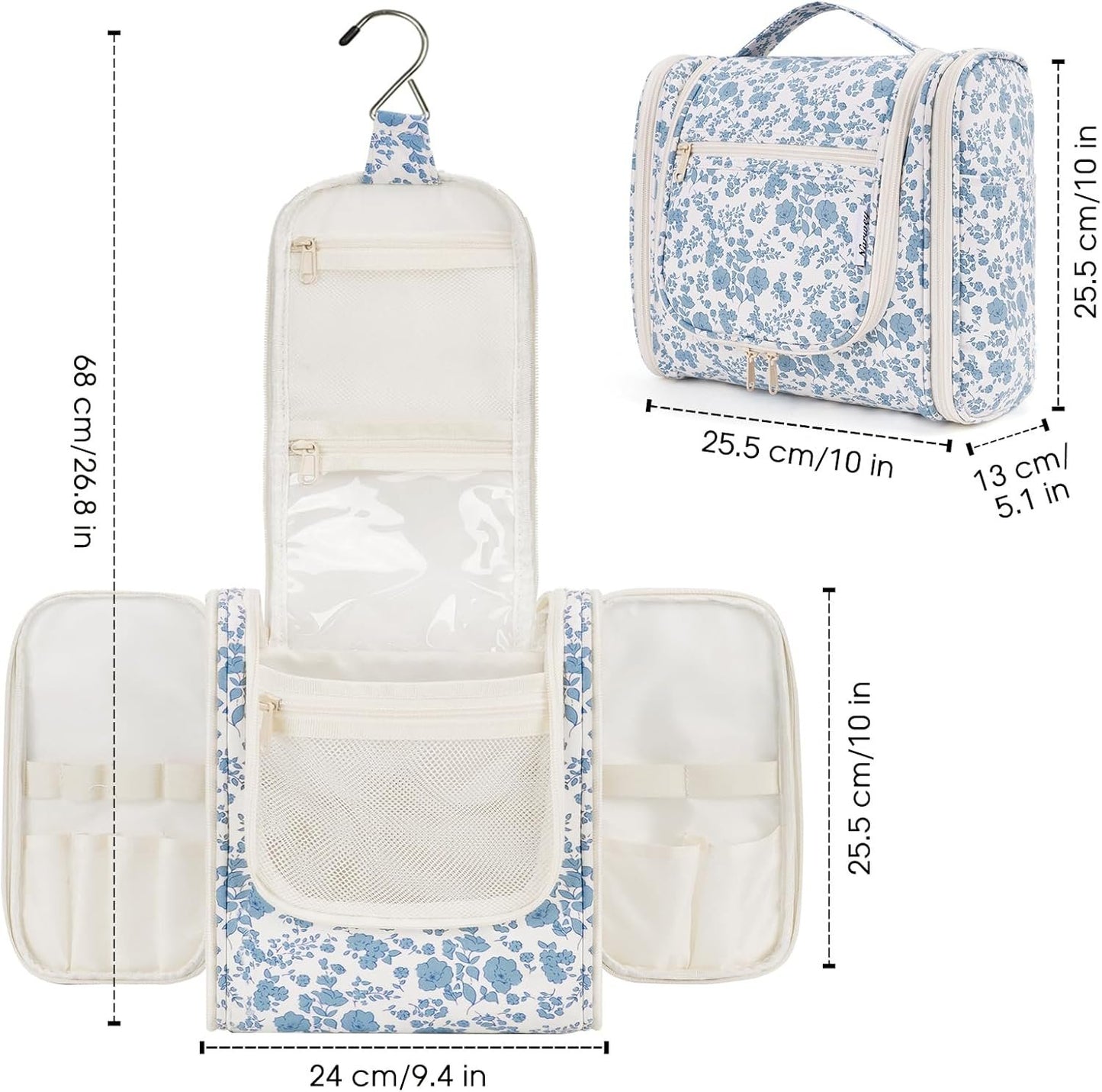 Narwey Hanging Toiletry Bag for Women Travel Makeup Bag Organizer Toiletries Bag for Cosmetics Essentials Accessories (Large, Little Blue Flower)