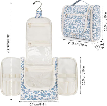 Narwey Hanging Toiletry Bag for Women Travel Makeup Bag Organizer Toiletries Bag for Cosmetics Essentials Accessories (Large, Little Blue Flower)