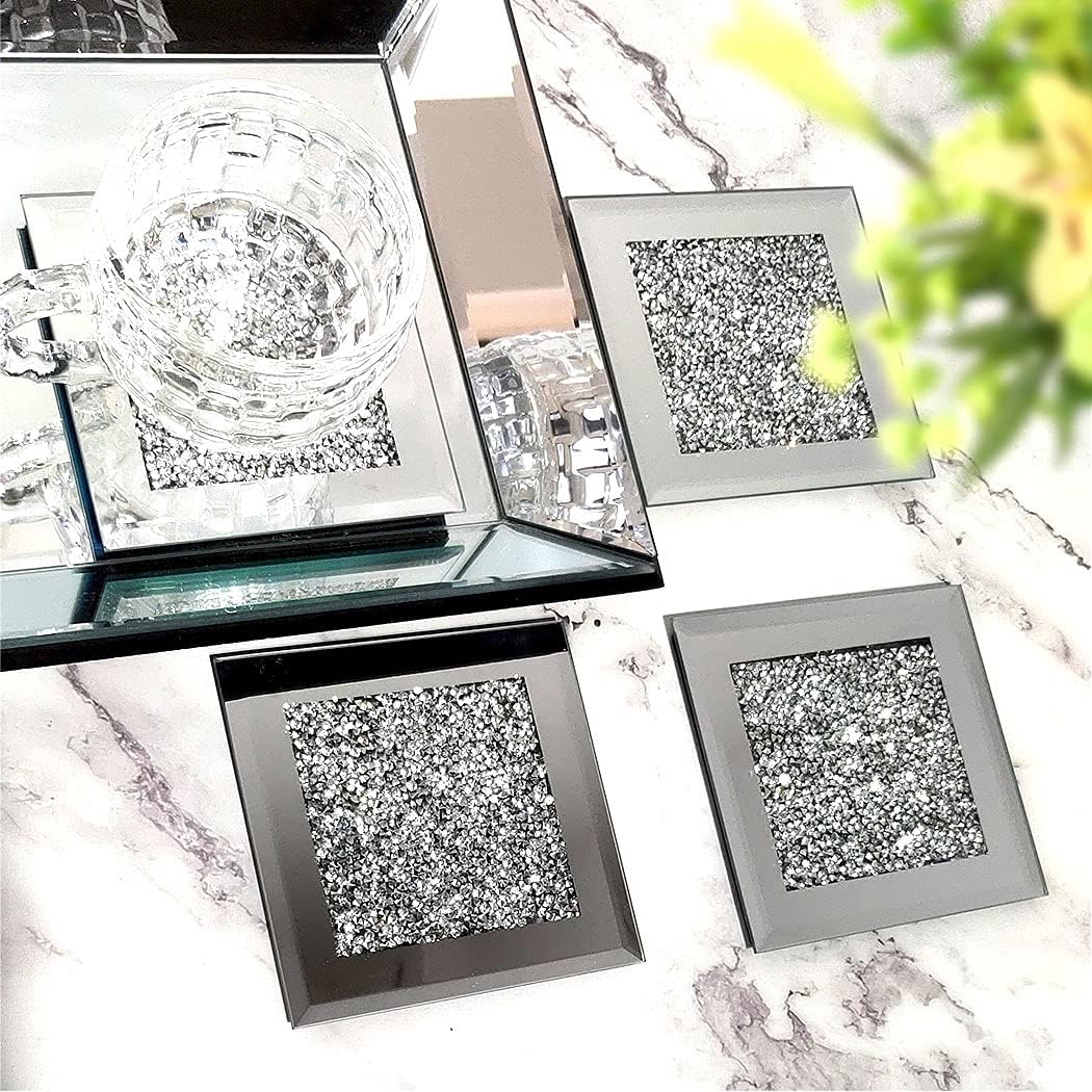 GIMORRTO Glass Mirrored Coaster 4 PC, Crushed Diamond Square Cup Mat 4" Decor on Tabletop for Bar Tools Dining Table