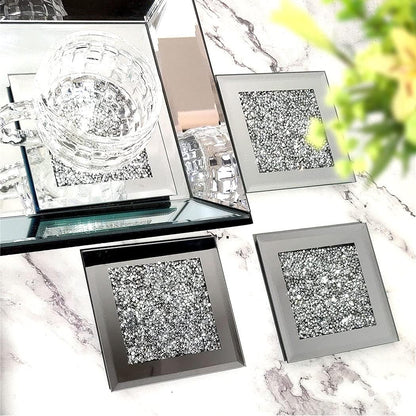 GIMORRTO Glass Mirrored Coaster 4 PC, Crushed Diamond Square Cup Mat 4" Decor on Tabletop for Bar Tools Dining Table