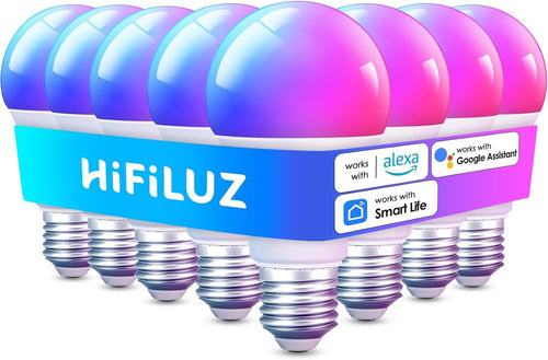 HIFILUZ Smart Light Bulbs 8 Pack, Work with Alexa and Google Assistant, LED Light Bulbs Color Changing with Timer, Bluetooth Music Sync, WiFi Bulbs with APP