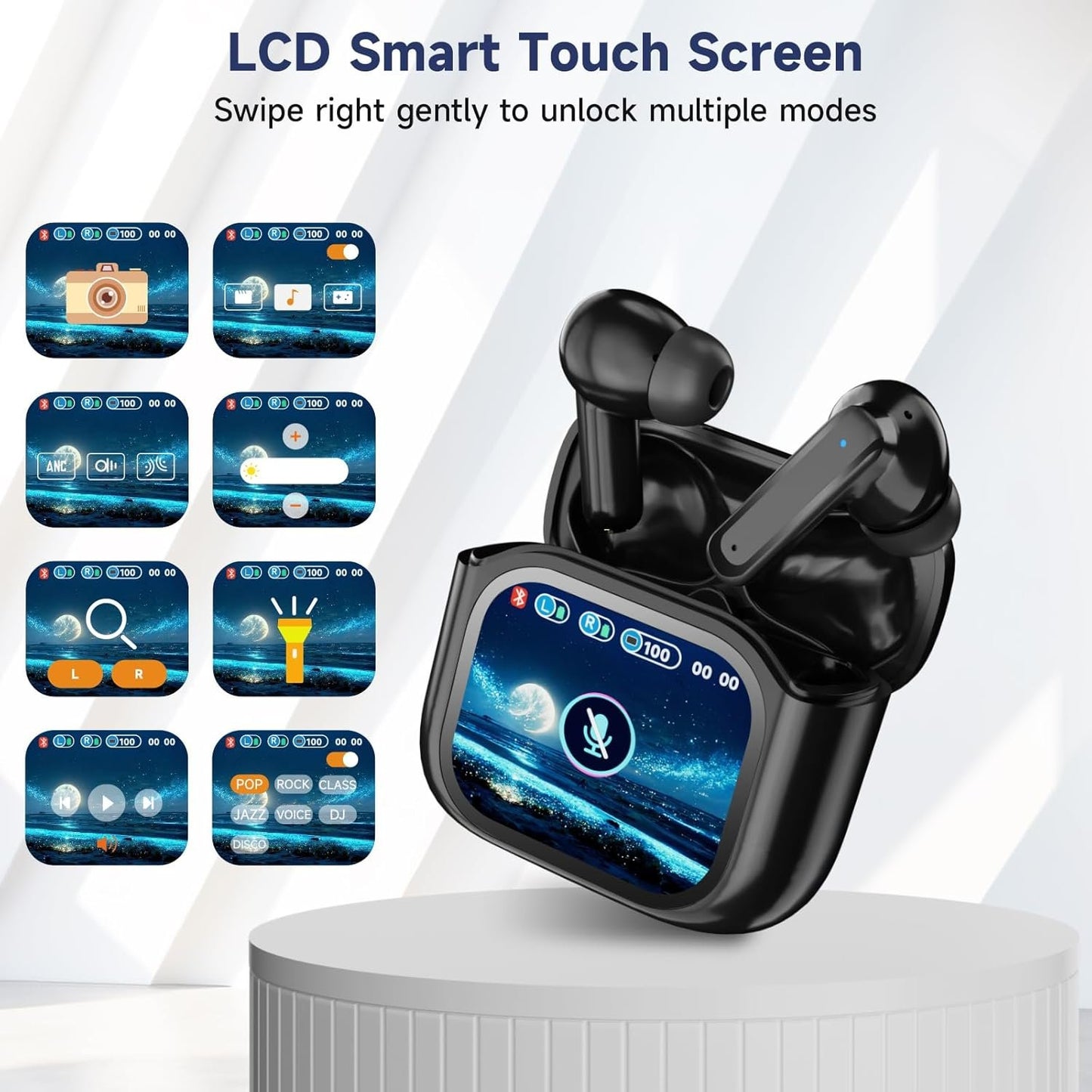 ELECGO Wireless Bluetooth Earbuds, Bluetooth 5.4 Headphones with Multi-Functional Touch Screen, ANC/ENC Noise Cancellation, Wireless Earbuds with Sound Equalizer, in-Ear Headphones for iPhone/Android