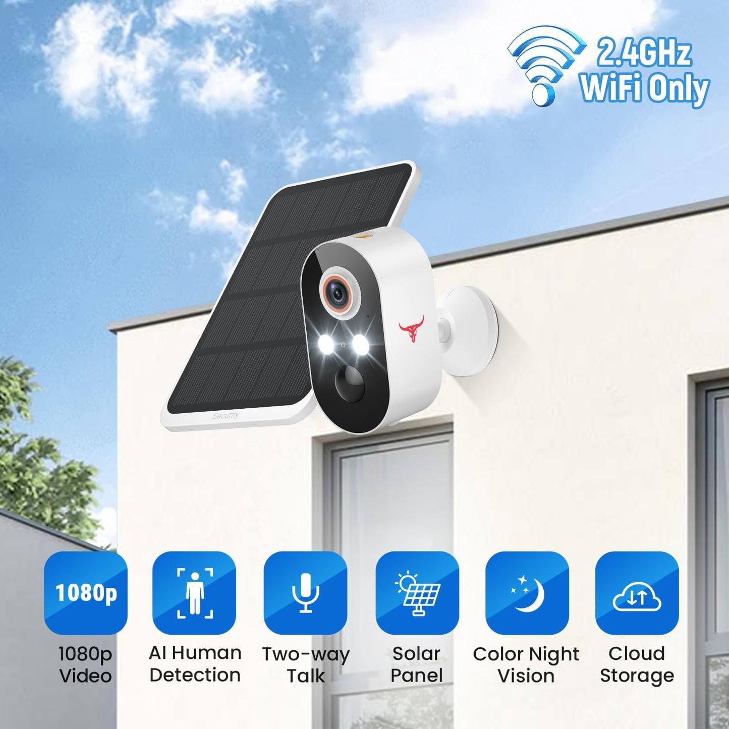 1080p Solar Security Camera Wireless, Smart AI Human Detection, 2-Way Audio, Color Night Vision, Cloud Storage, 2.4G WiFi, Indoor/Outdoor Surveillance Bullet Cam (1 Pack)