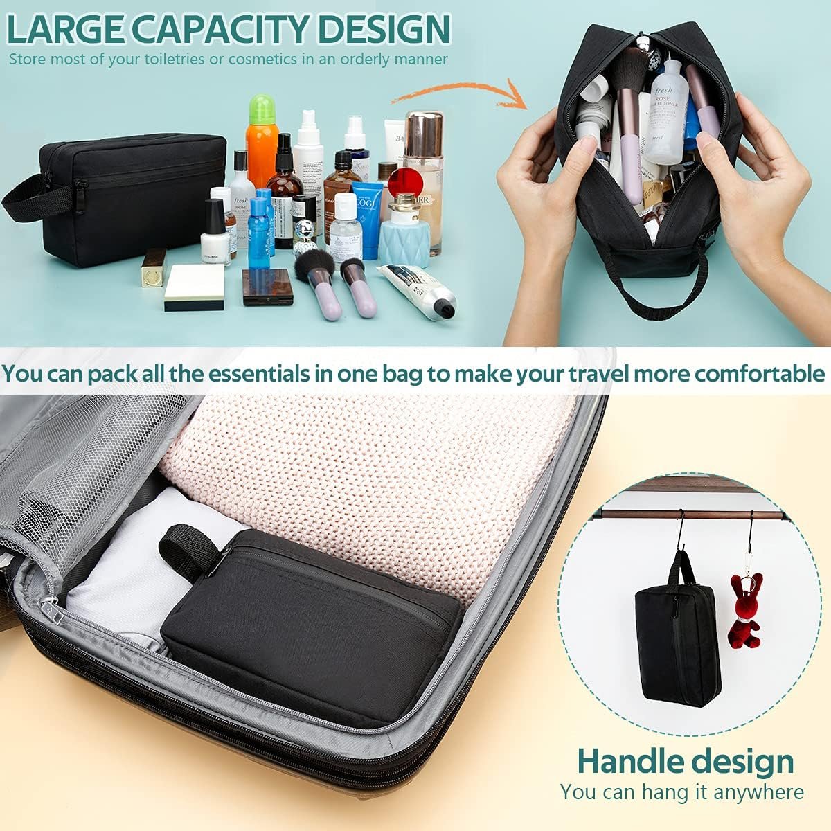 FUNSEED Travel Toiletry Bag for Women and Men, Water-resistant Shaving Bag for Toiletries Accessories, Foldable Storage Bags with Divider and Handle for Cosmetics Toiletries Brushes Tools, Black