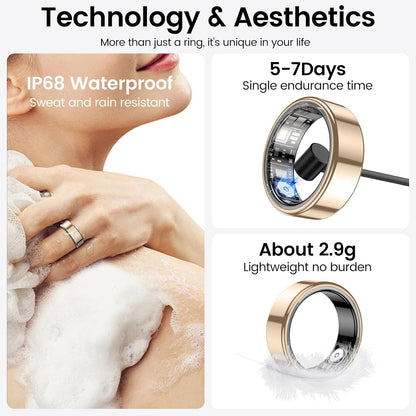 Temdan Smart Ring (Upgraded), Wearable Fitness Smart Ring Health Tracker, Sleep Quality & Heart Rate & Blood Oxygen Monitoring, IP68 Waterproof, No Subscription Fees, Smart Ring, Gold, Size 7