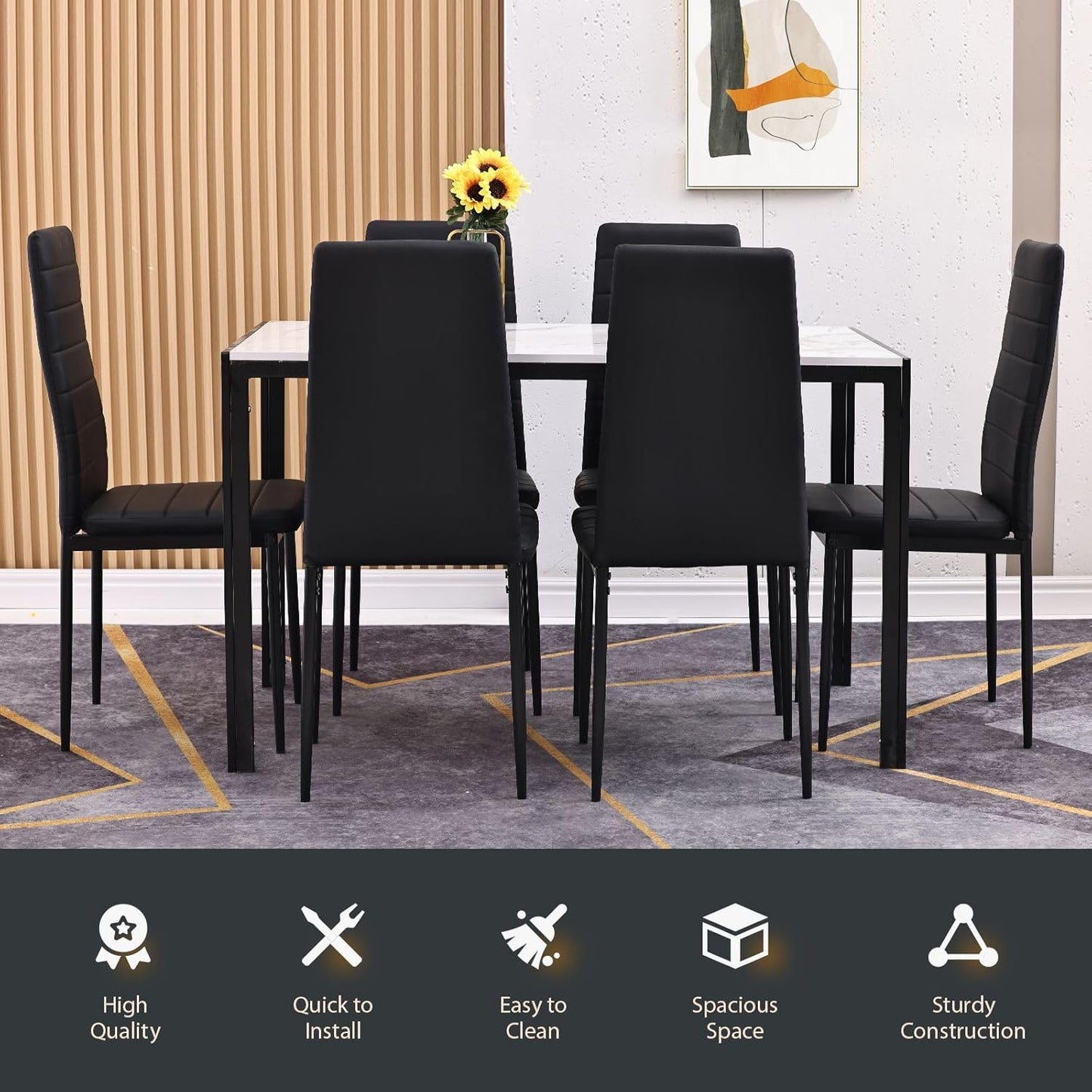 Luxsuite 7pcs Dining Table Set Marble Tabletop Rectangular 120cm High Gloss Marble Effect Top Dinner Tables 6 Seater with Tapered Metal Legs Dining Room Home Lounge Kitchen Black & White