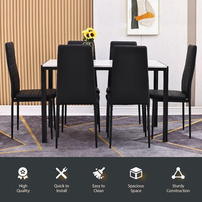 Luxsuite 7pcs Dining Table Set Marble Tabletop Rectangular 120cm High Gloss Marble Effect Top Dinner Tables 6 Seater with Tapered Metal Legs Dining Room Home Lounge Kitchen Black & White