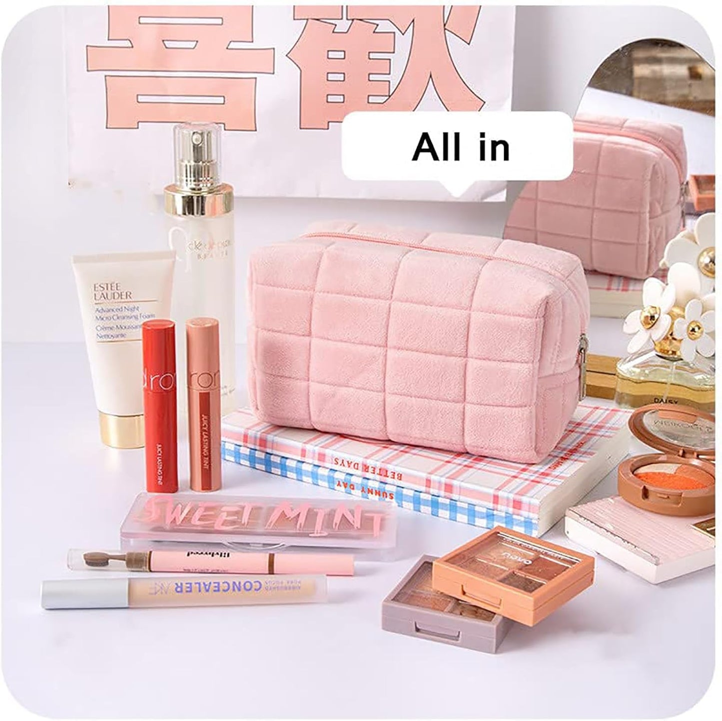 Plush Makeup Bag Cosmetic Bag for Women,Zipper Large Solid Color Travel Toiletry Bag Travel Make Up Toiletry Bag Pouch for Girls Student (Pink)