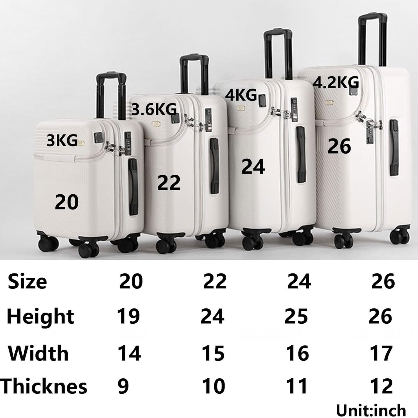 RDGOLF Concise Luggage, Reinforced Trolley Case, Durable and Lightweight, Equipped with Combination Lock Anti-Theft and Anti-Burglar (Color : White(Cupholder), Size : 20)