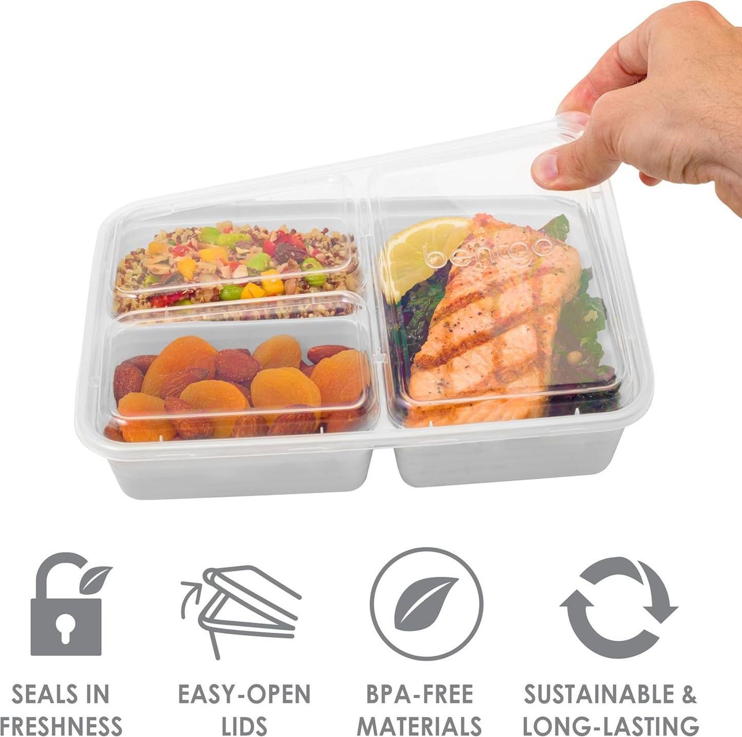 Bentgo Prep 3-Compartment Meal-Prep Containers with Custom-Fit Lids - Microwaveable, Durable, Reusable, BPA-Free, Freezer and Dishwasher Safe Food Storage Containers - 10 Trays & 10 Lids (Silver)