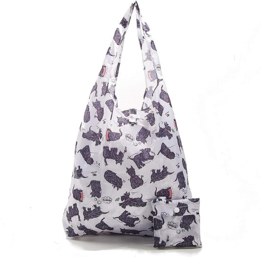 New 2020 Design Eco Chic 100% Recycled Plastic Foldable Re-Usable Shopping/Grocery Bag (Scatty Scotty - White)