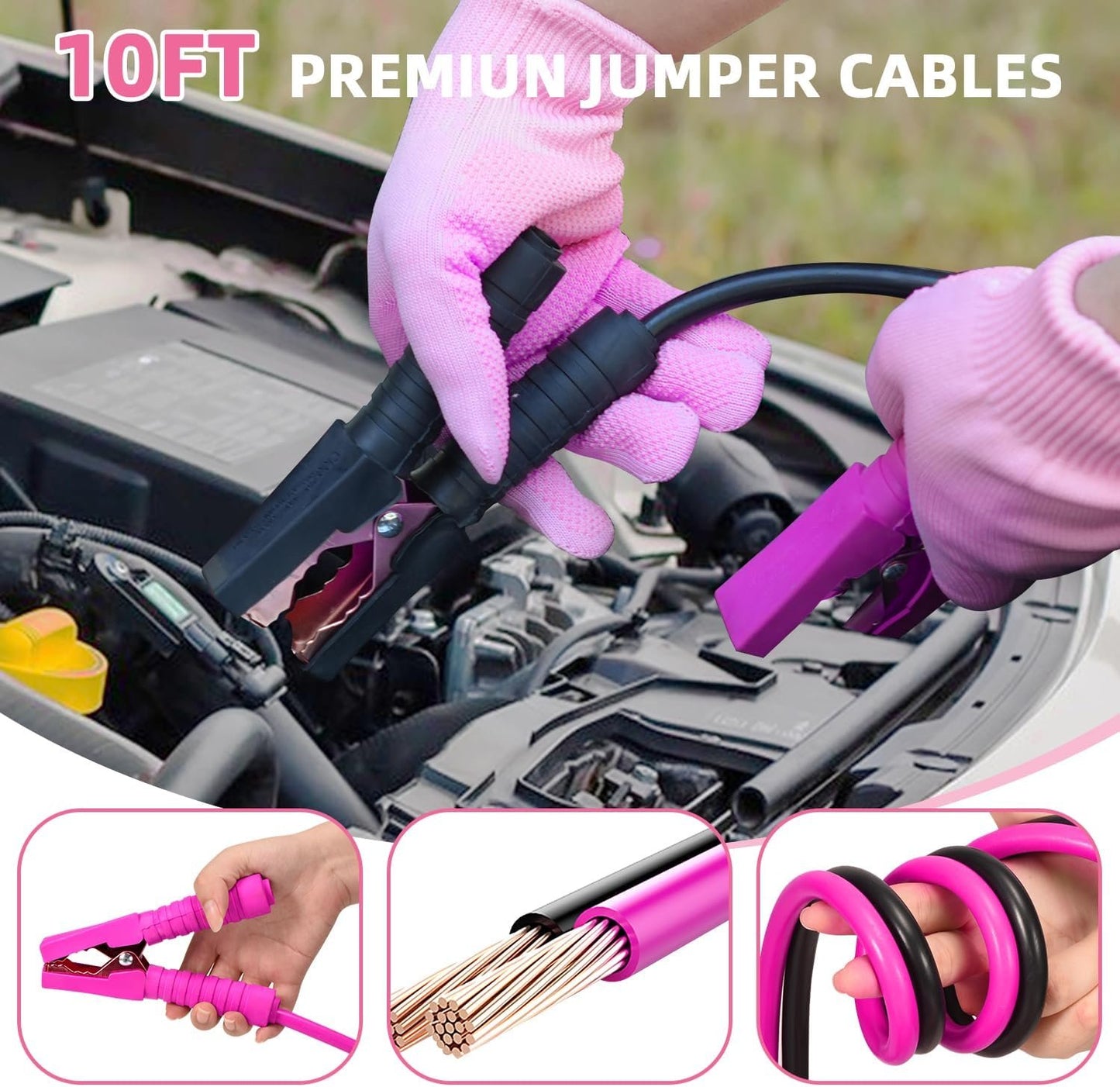 VEIYIE Roadside Emergency Car Kit for Vehicles, Pink Car First Aid Kit Emergency Kit with Jumper Cables, Car Safety Kits, Tow Strap, Tool Kit, Road Trip Assistance for Men, Women, New Driver Gifts
